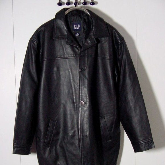 Vtg Black Leather Gap Button Long Jacket Sz XL - Picture 1 of 14
